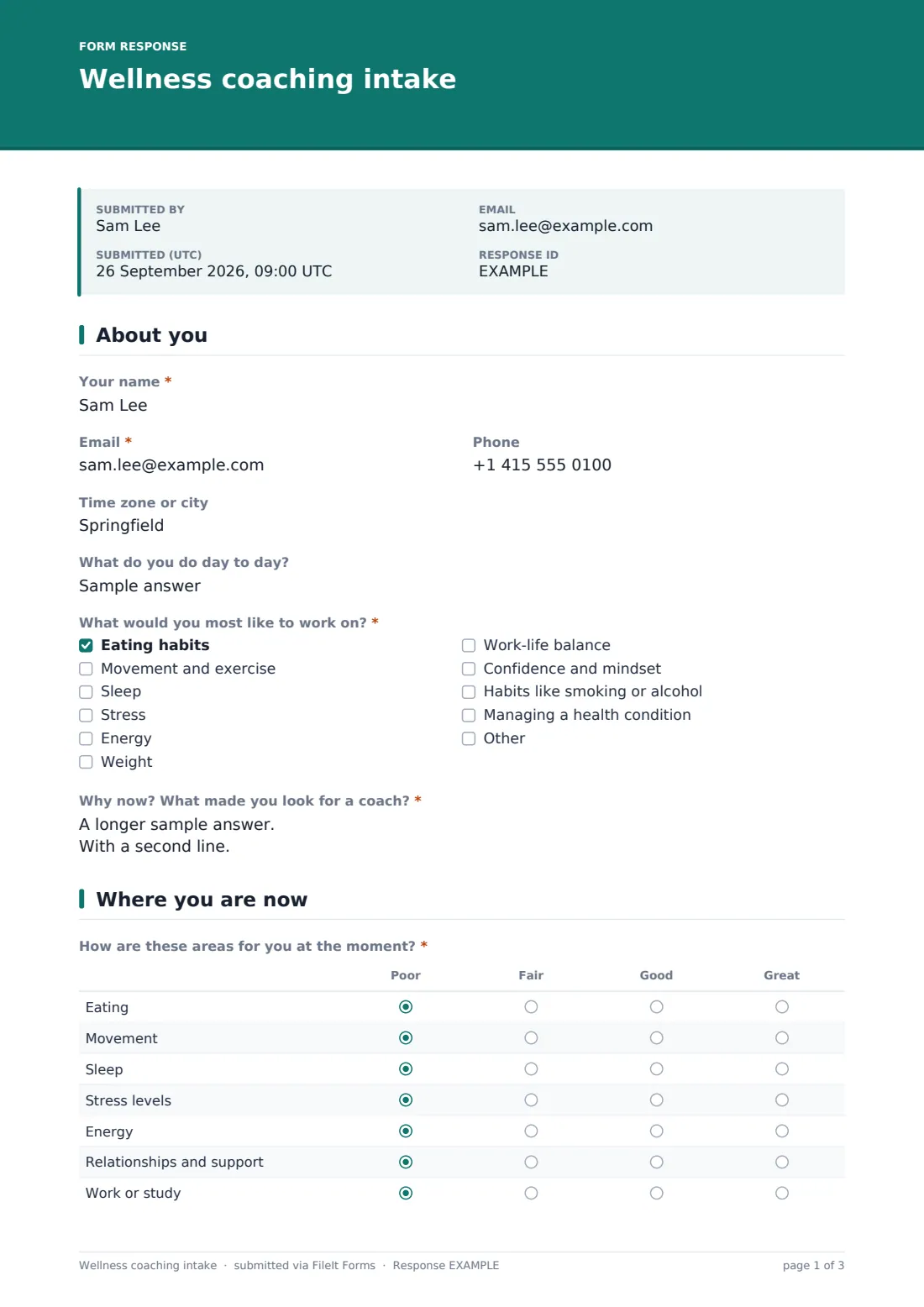 Wellness coaching intake — example response PDF, page 1 of 3