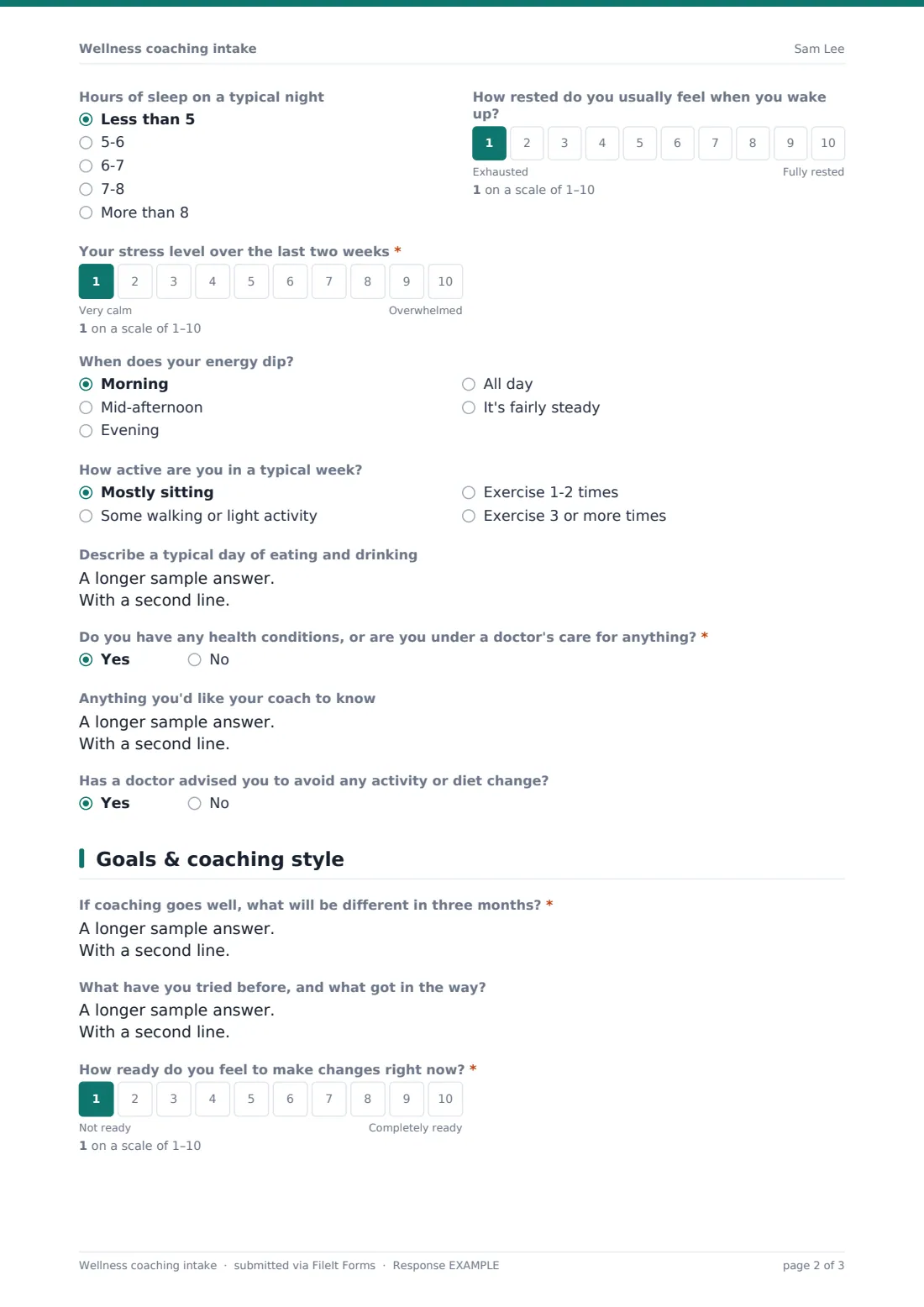 Wellness coaching intake — example response PDF, page 2 of 3