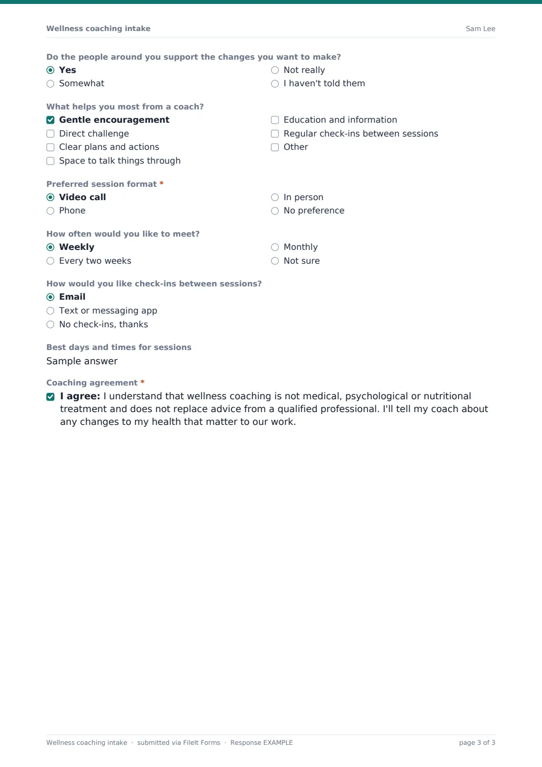 Wellness coaching intake — example response PDF, page 3 of 3