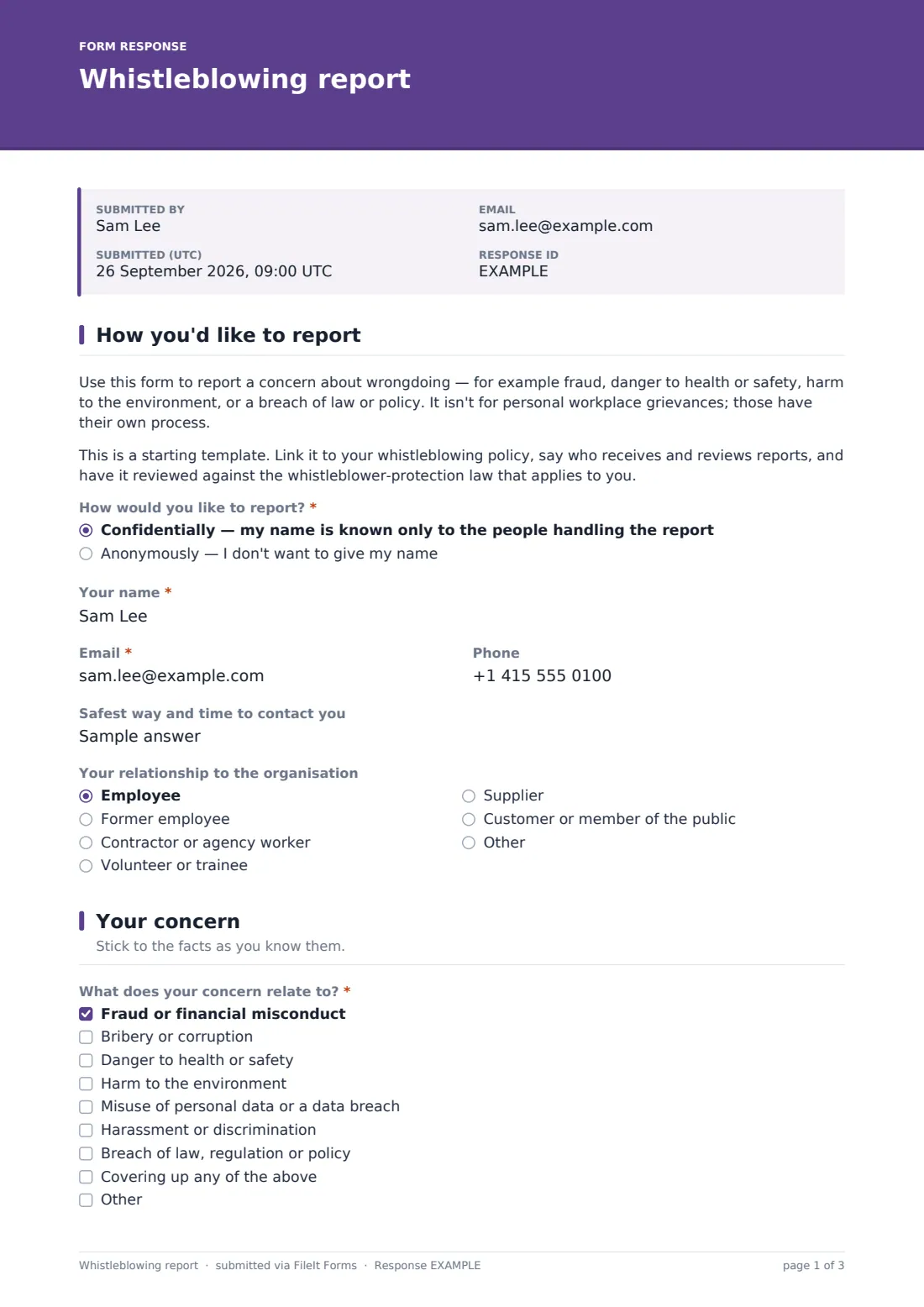 Whistleblowing report — example response PDF, page 1 of 3