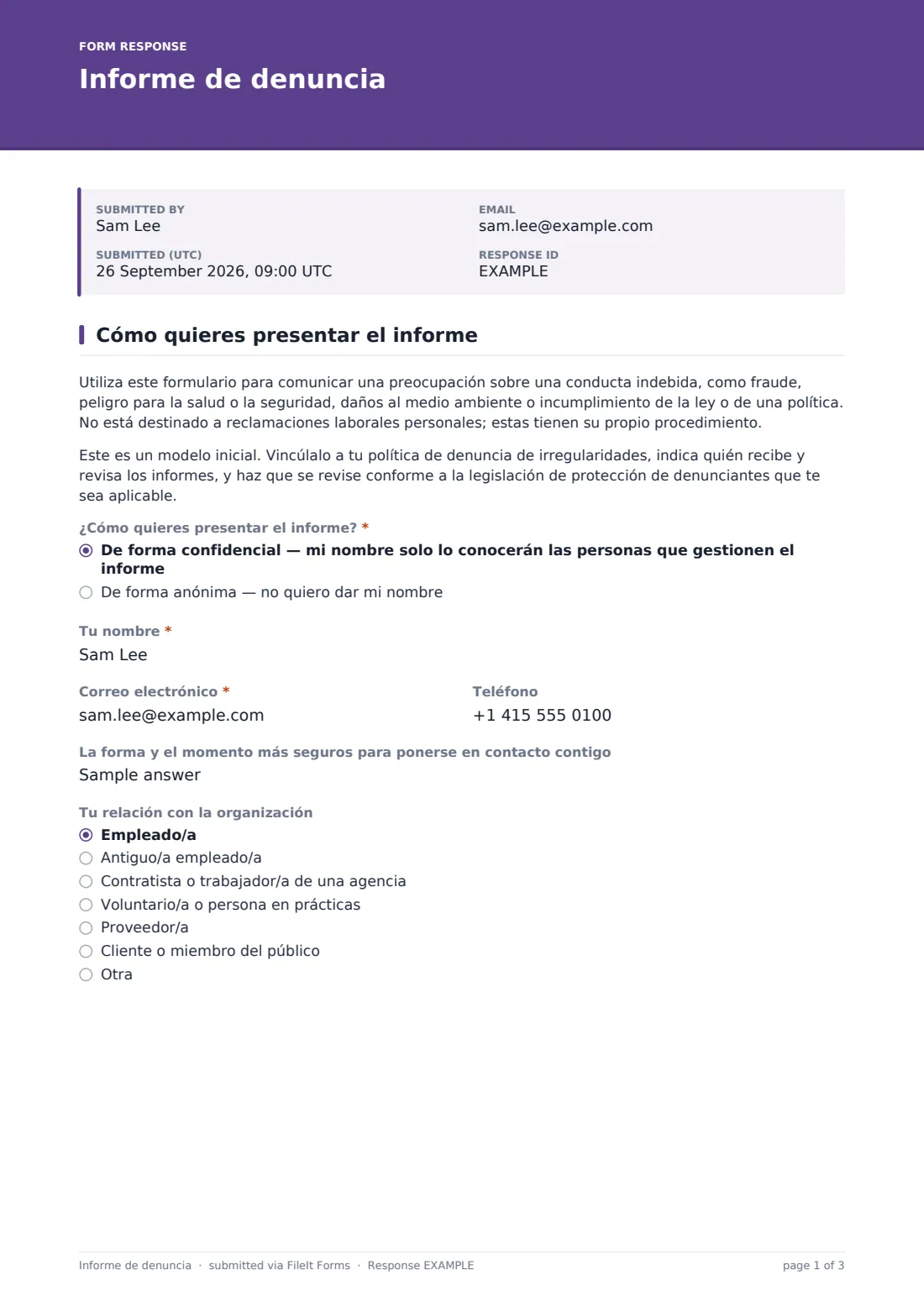 Informe de denuncia — PDF de respuesta de ejemplo, página 1 de 3