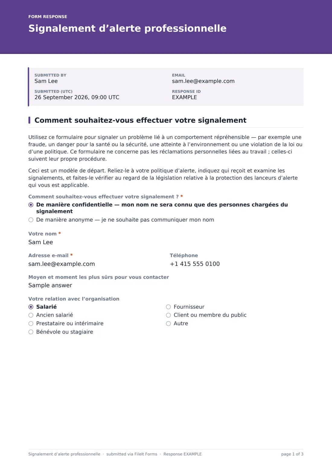 Signalement d’alerte professionnelle — exemple de réponse au format PDF, page 1 sur 3