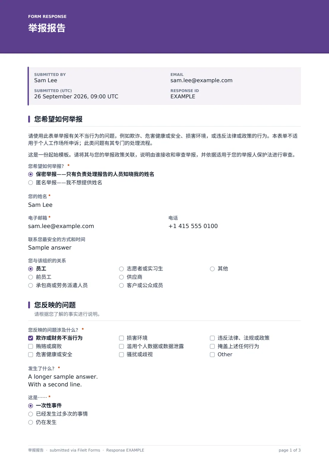 举报报告 — 示例回复 PDF，第 1 页，共 3 页