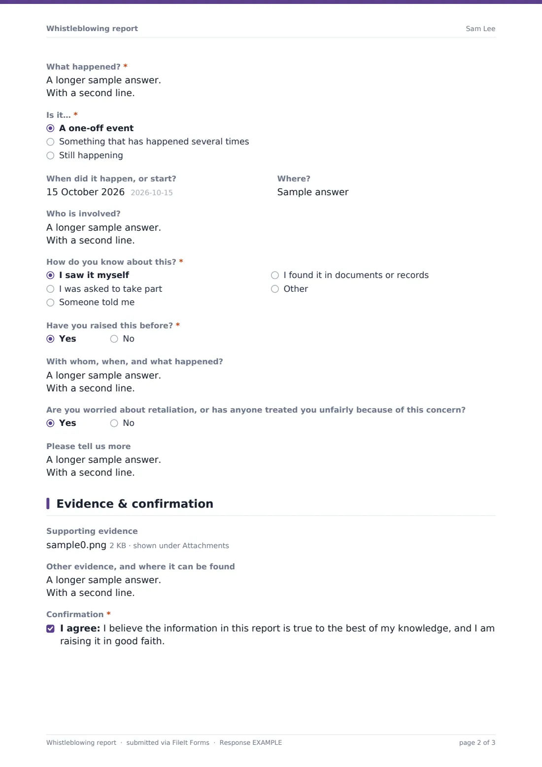 Whistleblowing report — example response PDF, page 2 of 3