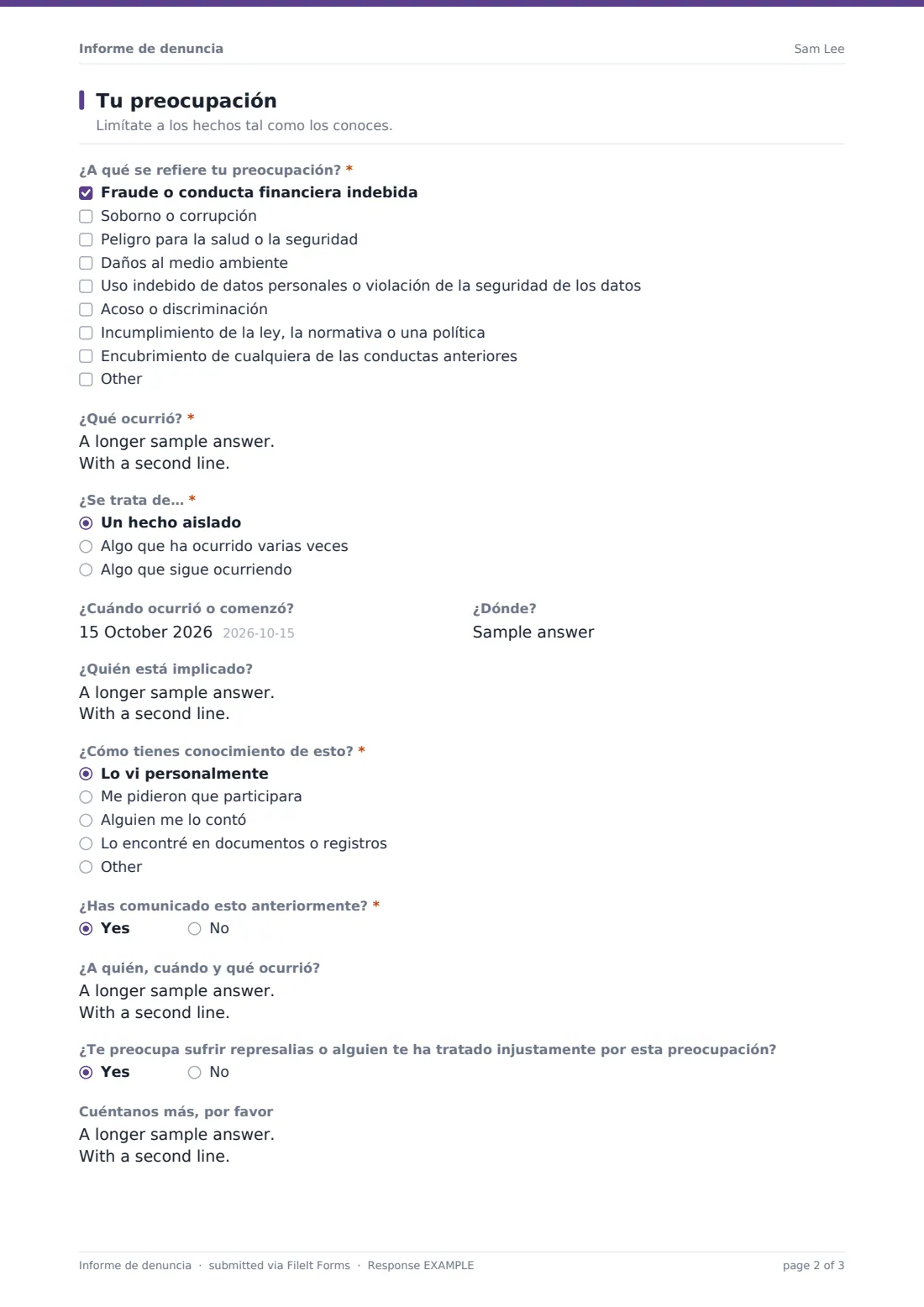 Informe de denuncia — PDF de respuesta de ejemplo, página 2 de 3