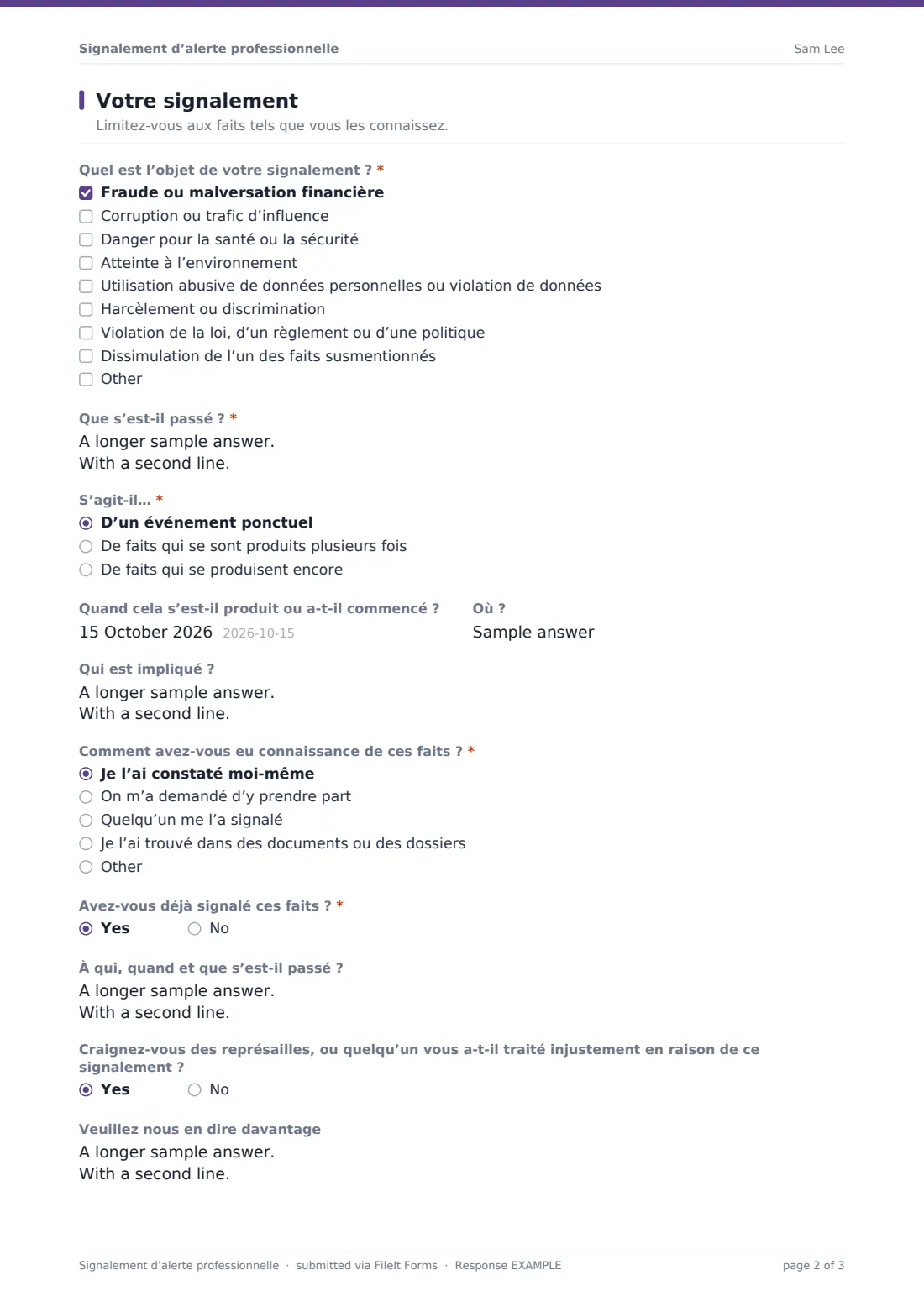 Signalement d’alerte professionnelle — exemple de réponse au format PDF, page 2 sur 3