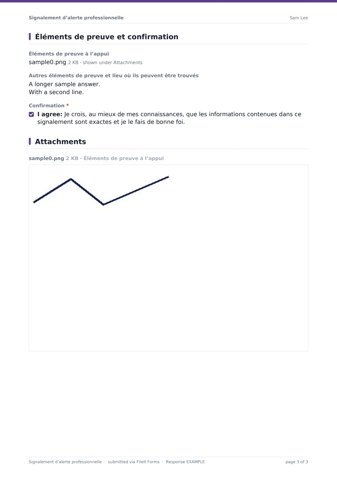 Signalement d’alerte professionnelle — exemple de réponse au format PDF, page 3 sur 3