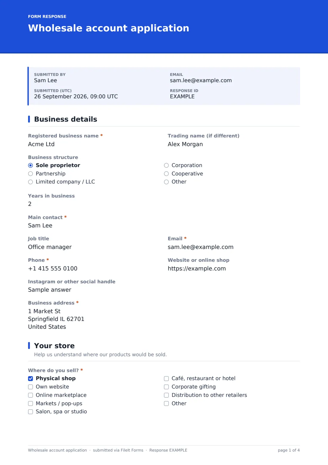 Wholesale account application — example response PDF, page 1 of 4