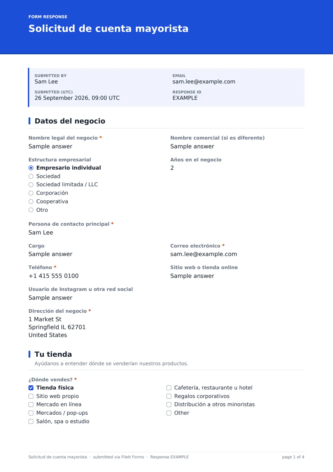 Solicitud de cuenta mayorista — PDF de respuesta de ejemplo, página 1 de 4