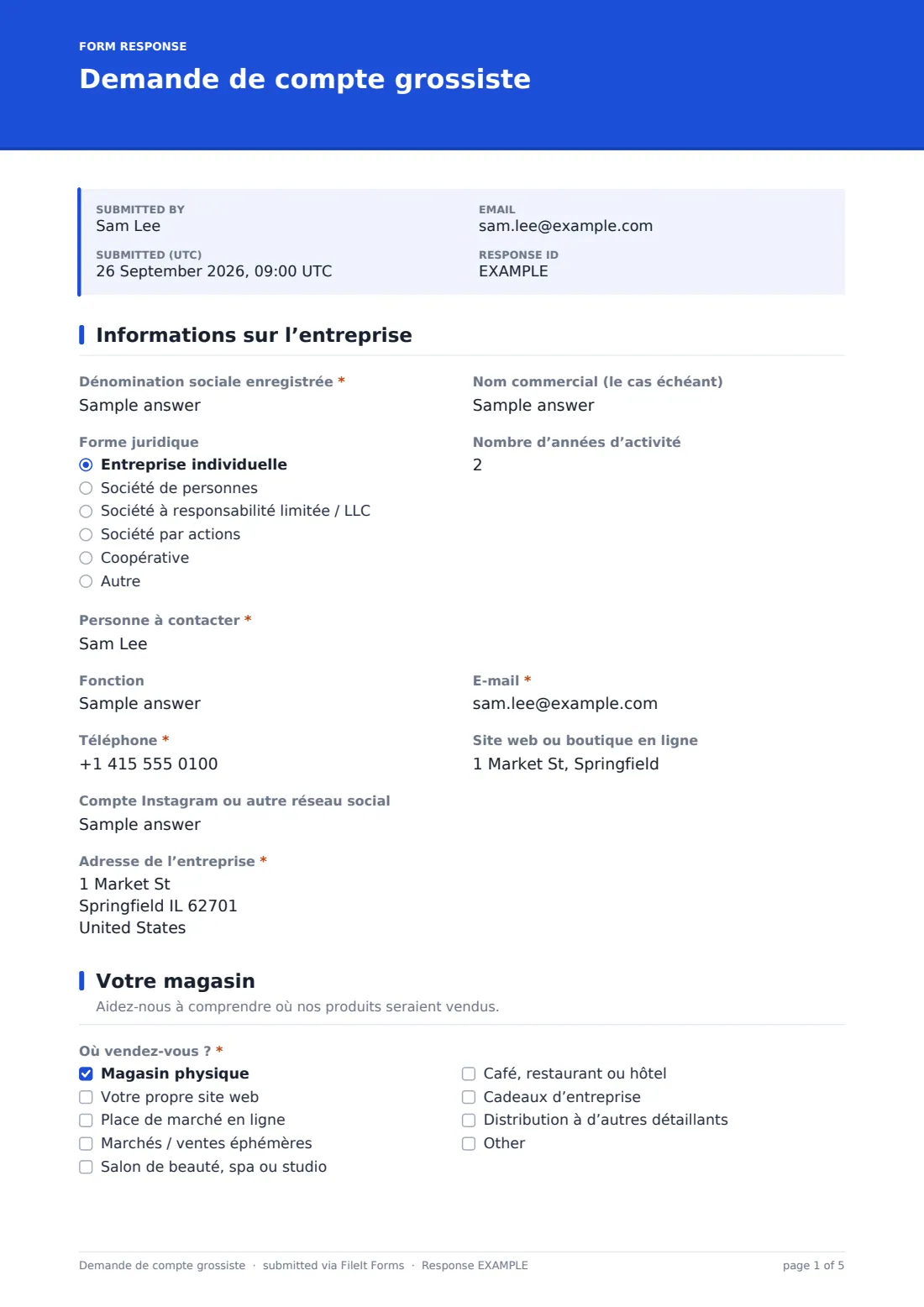 Demande de compte grossiste — exemple de réponse au format PDF, page 1 sur 5