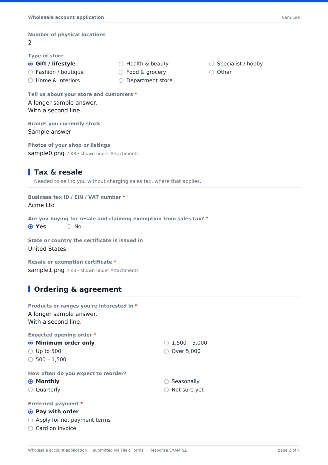 Wholesale account application — example response PDF, page 2 of 4