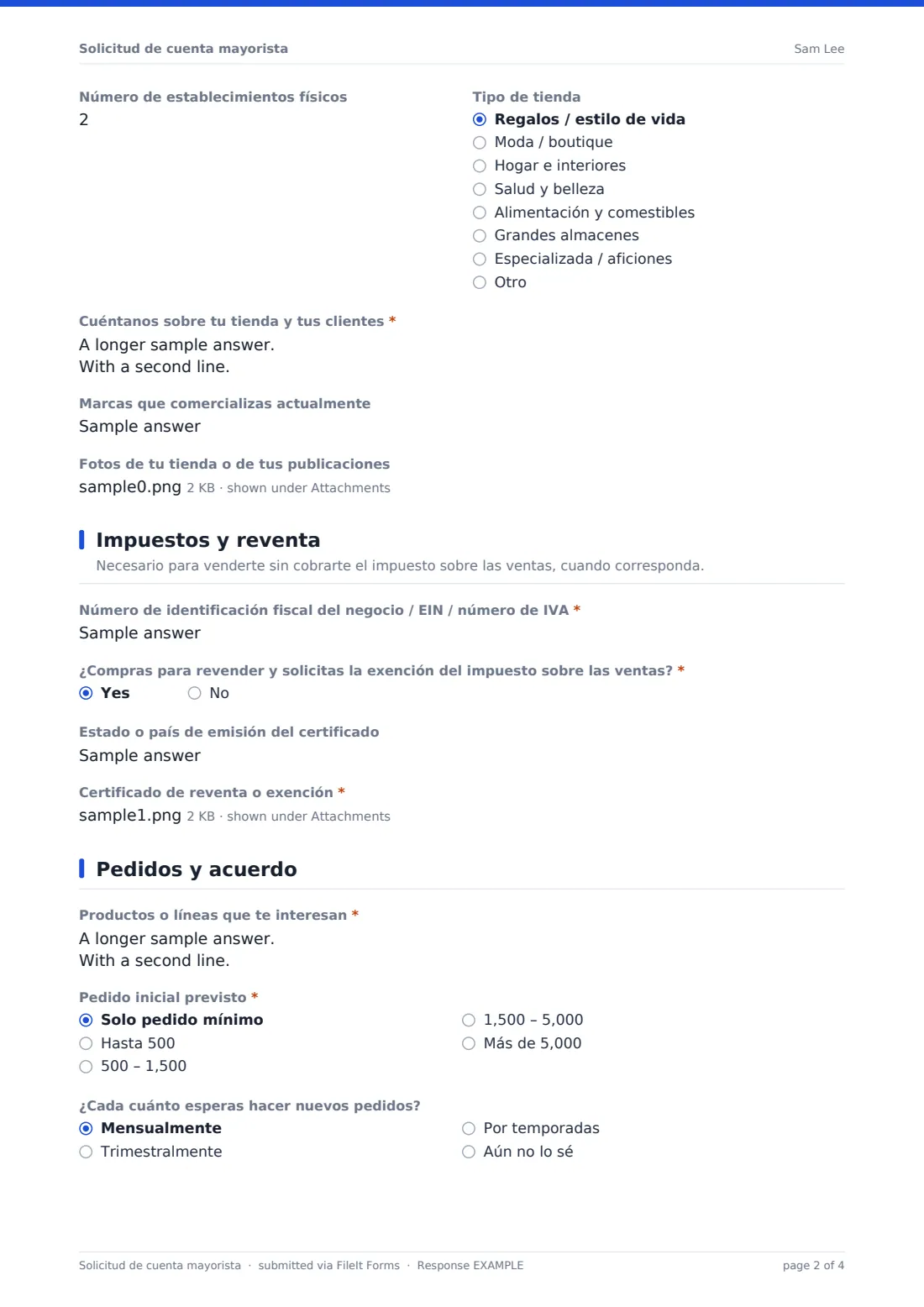 Solicitud de cuenta mayorista — PDF de respuesta de ejemplo, página 2 de 4