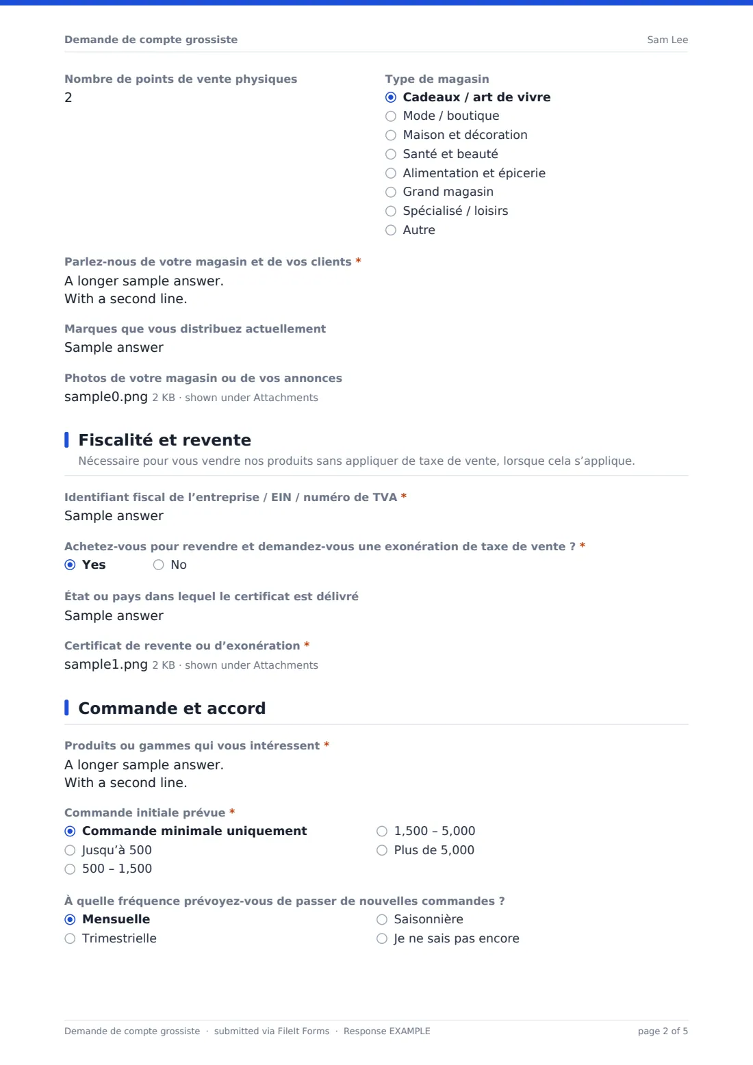 Demande de compte grossiste — exemple de réponse au format PDF, page 2 sur 5