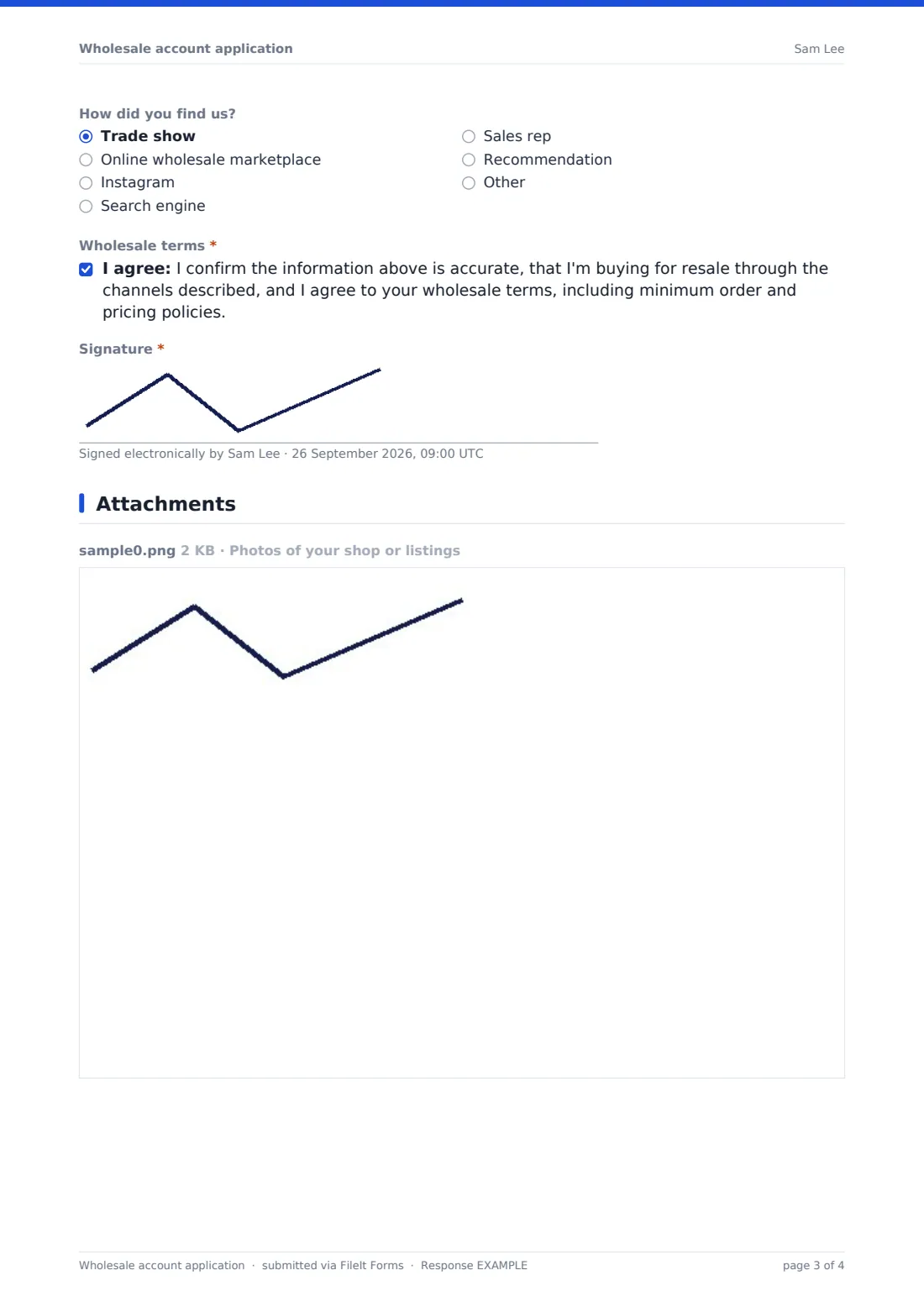 Wholesale account application — example response PDF, page 3 of 4