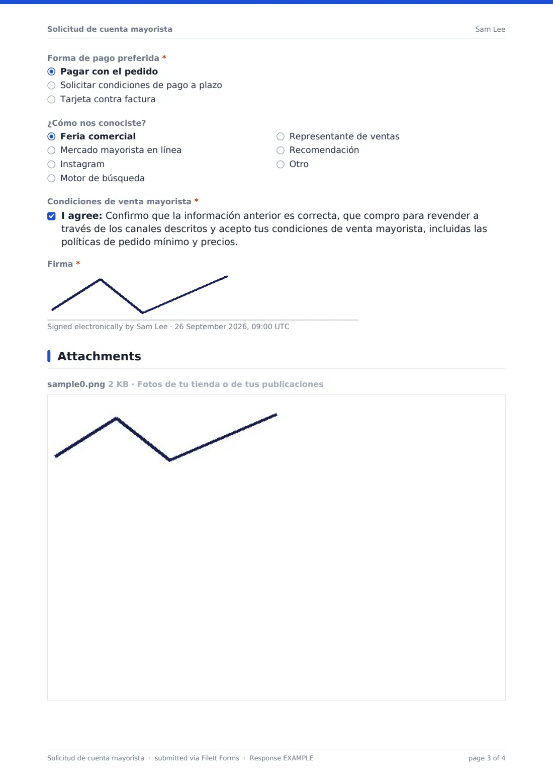 Solicitud de cuenta mayorista — PDF de respuesta de ejemplo, página 3 de 4