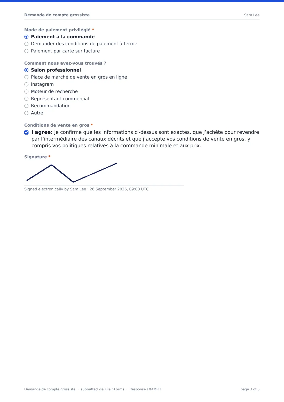 Demande de compte grossiste — exemple de réponse au format PDF, page 3 sur 5