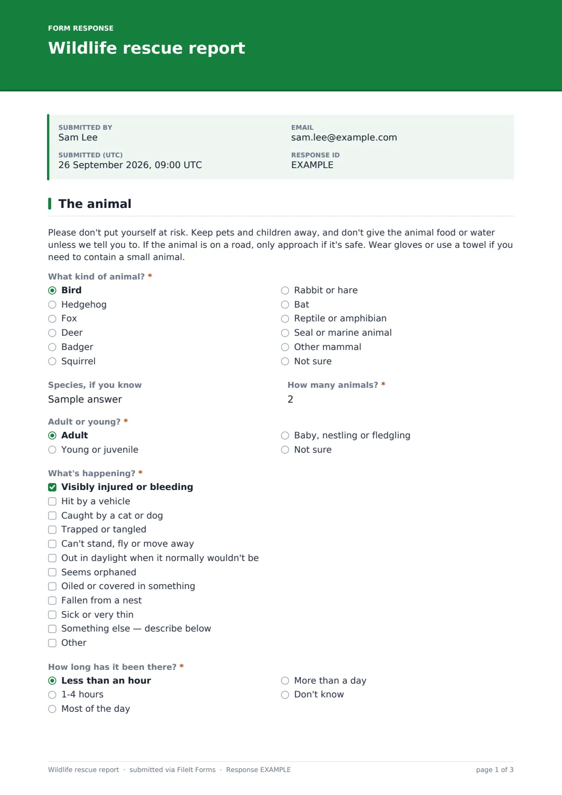 Wildlife rescue report — example response PDF, page 1 of 3
