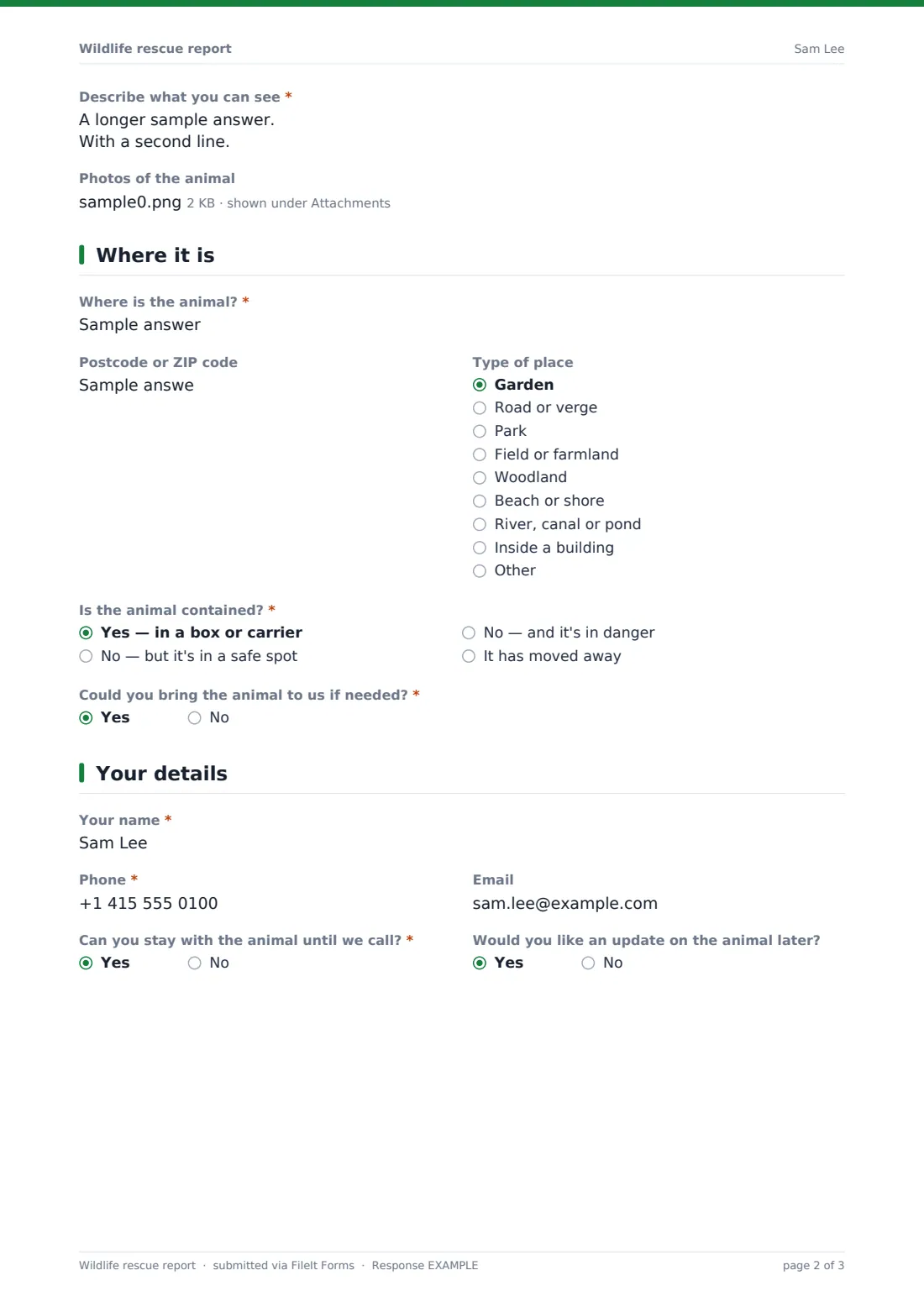 Wildlife rescue report — example response PDF, page 2 of 3
