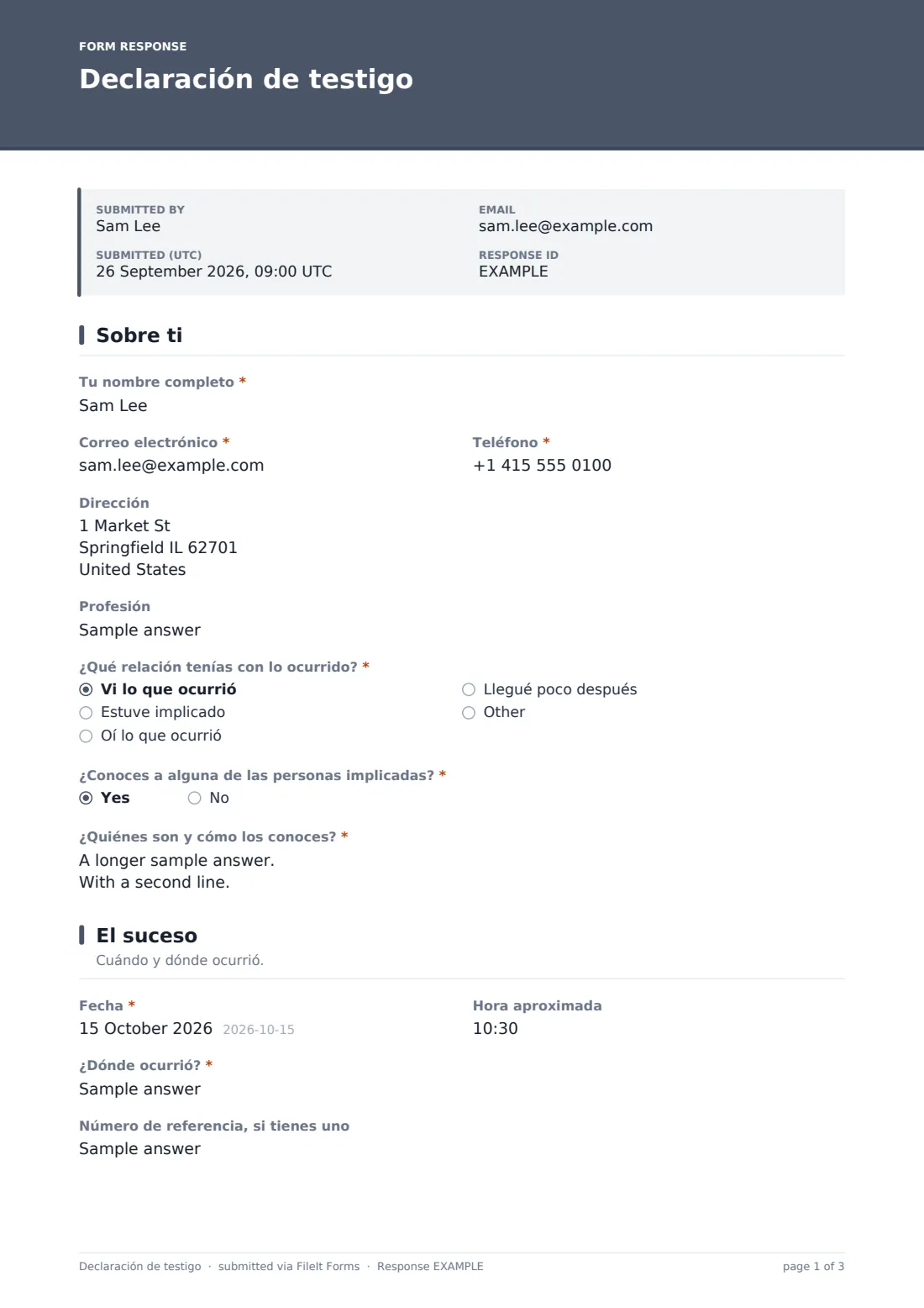 Declaración de testigo — PDF de respuesta de ejemplo, página 1 de 3