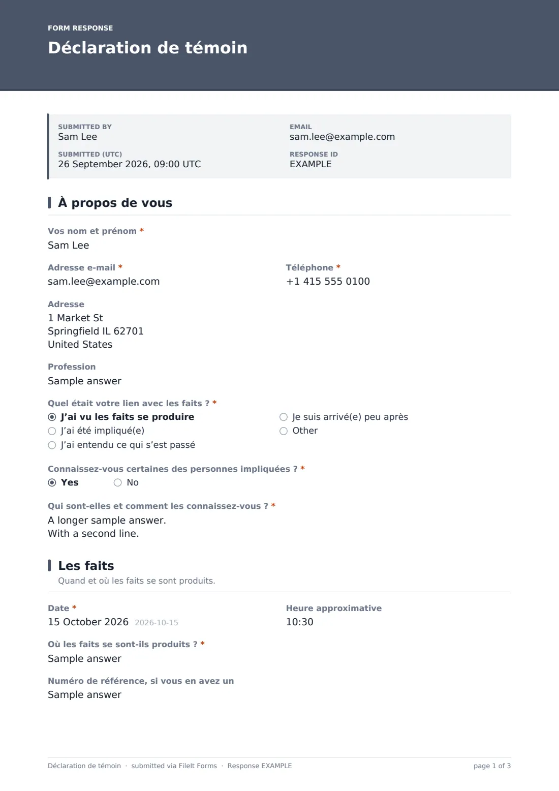 Déclaration de témoin — exemple de réponse au format PDF, page 1 sur 3