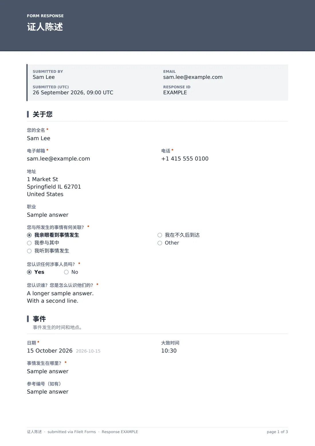 证人陈述 — 示例回复 PDF，第 1 页，共 3 页