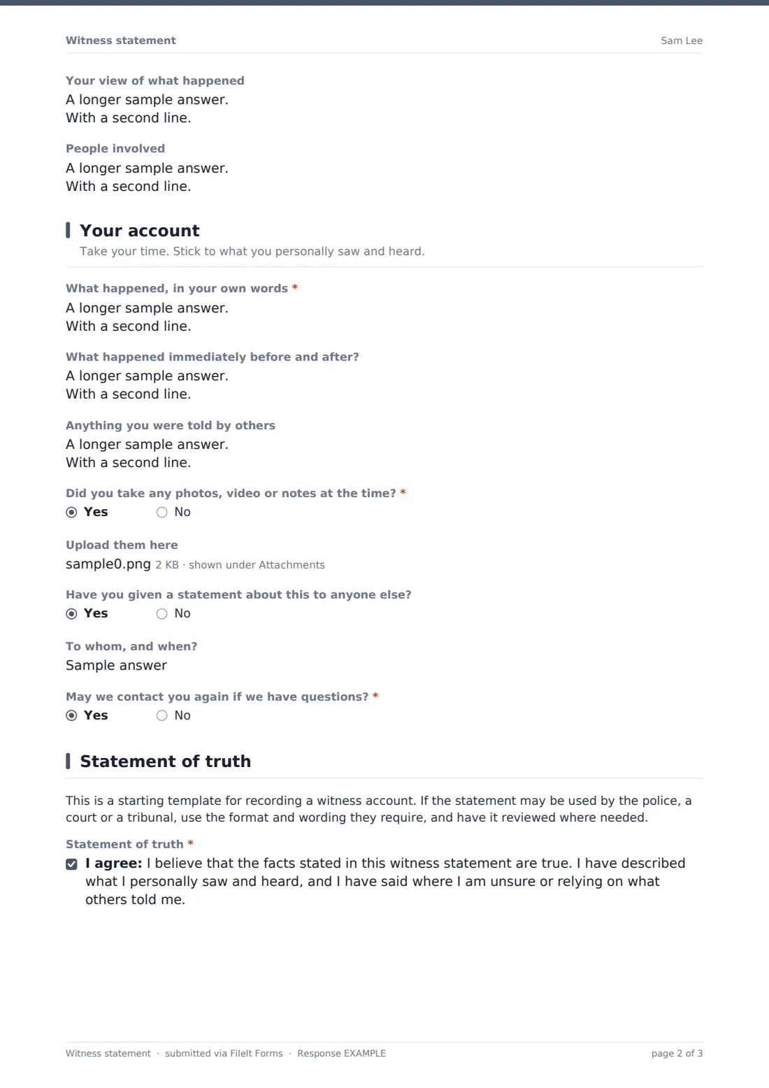 Witness statement — example response PDF, page 2 of 3