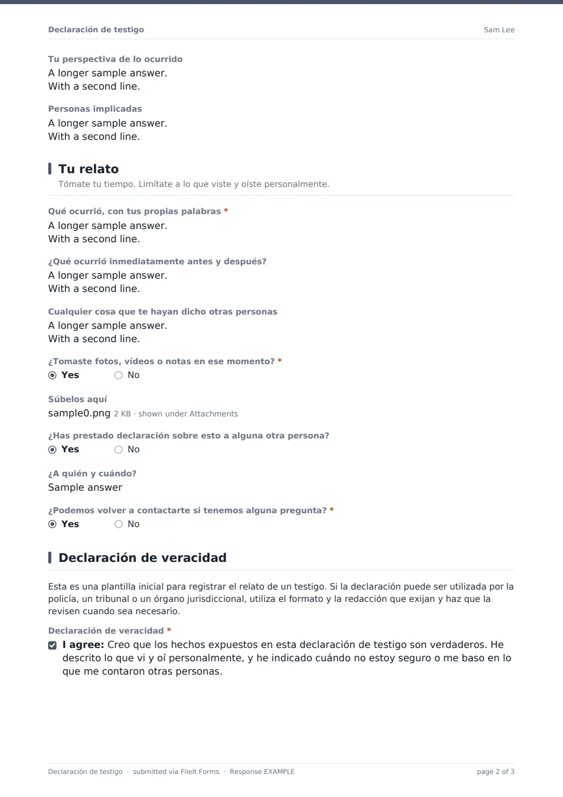 Declaración de testigo — PDF de respuesta de ejemplo, página 2 de 3