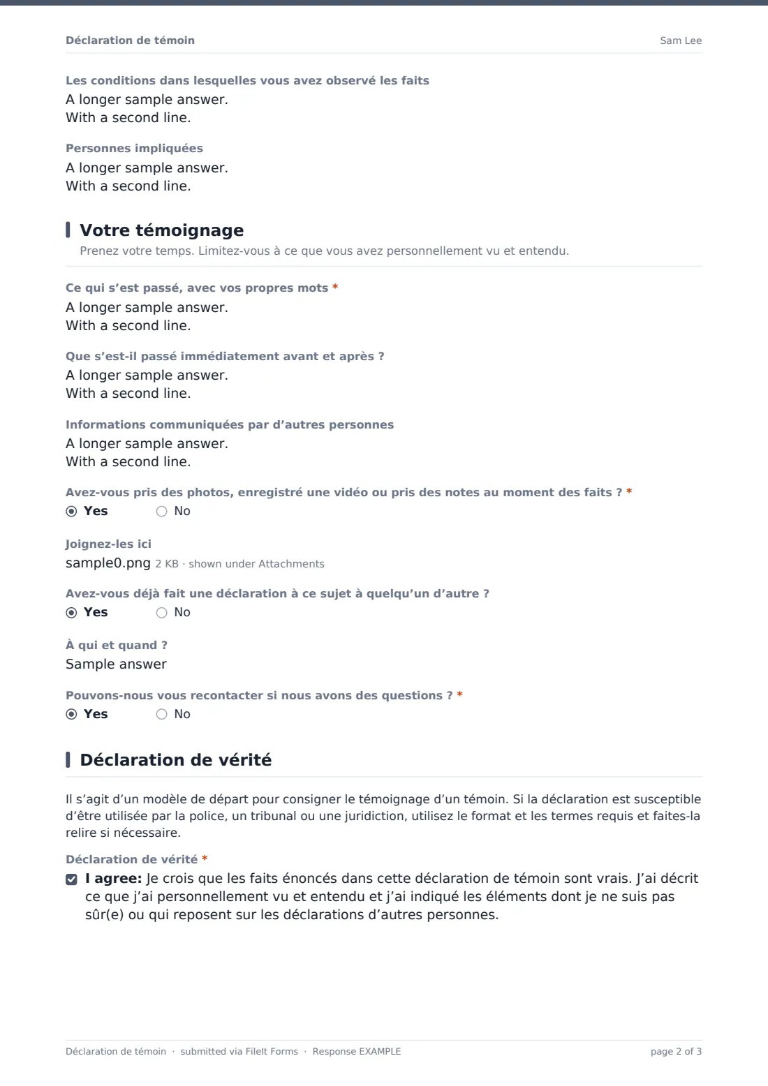Déclaration de témoin — exemple de réponse au format PDF, page 2 sur 3