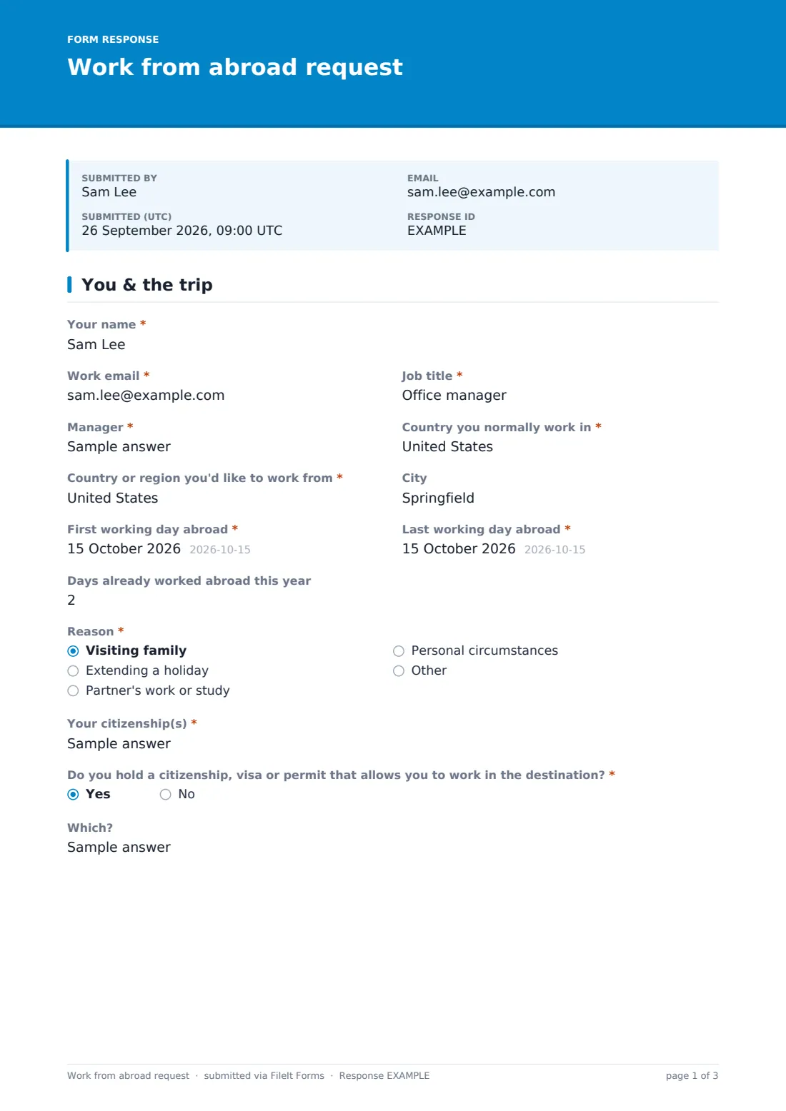 Work from abroad request — example response PDF, page 1 of 3