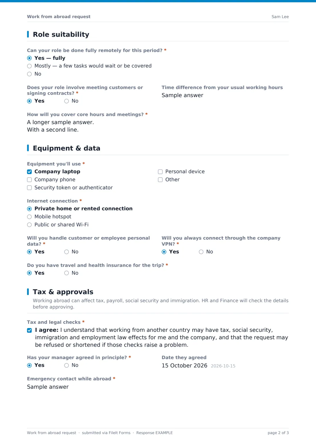 Work from abroad request — example response PDF, page 2 of 3
