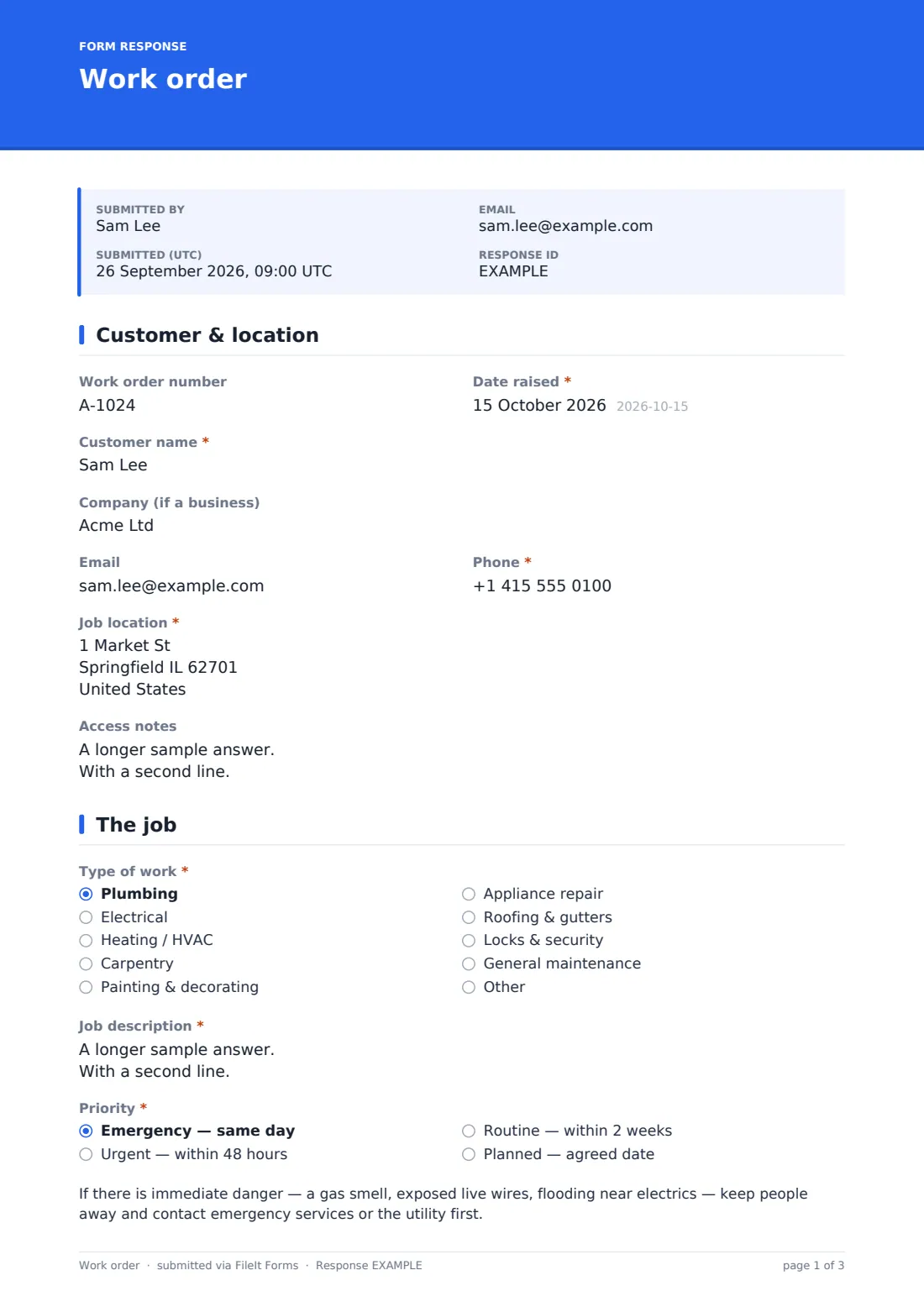 Work order — example response PDF, page 1 of 3