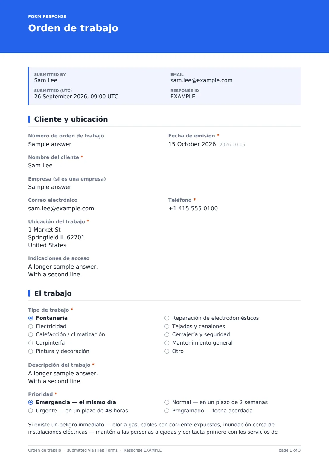 Orden de trabajo — PDF de respuesta de ejemplo, página 1 de 3