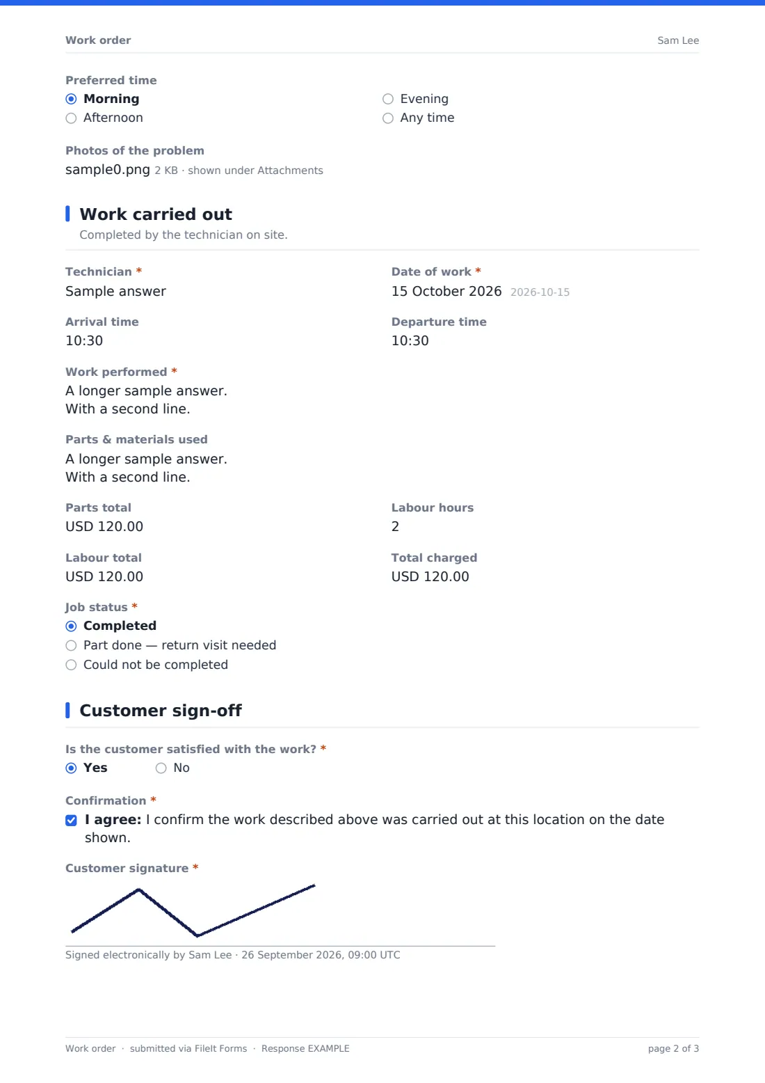 Work order — example response PDF, page 2 of 3