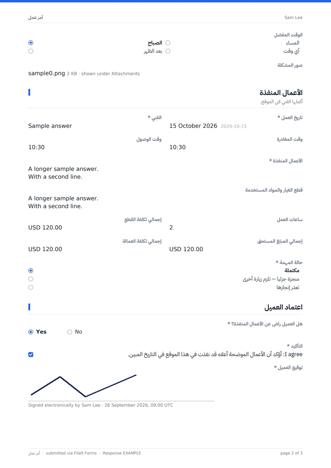 أمر عمل — ملف PDF لرد نموذجي، الصفحة 2 من 3