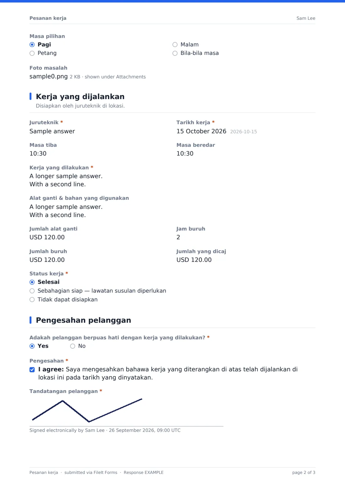 Pesanan kerja — PDF respons contoh, halaman 2 daripada 3