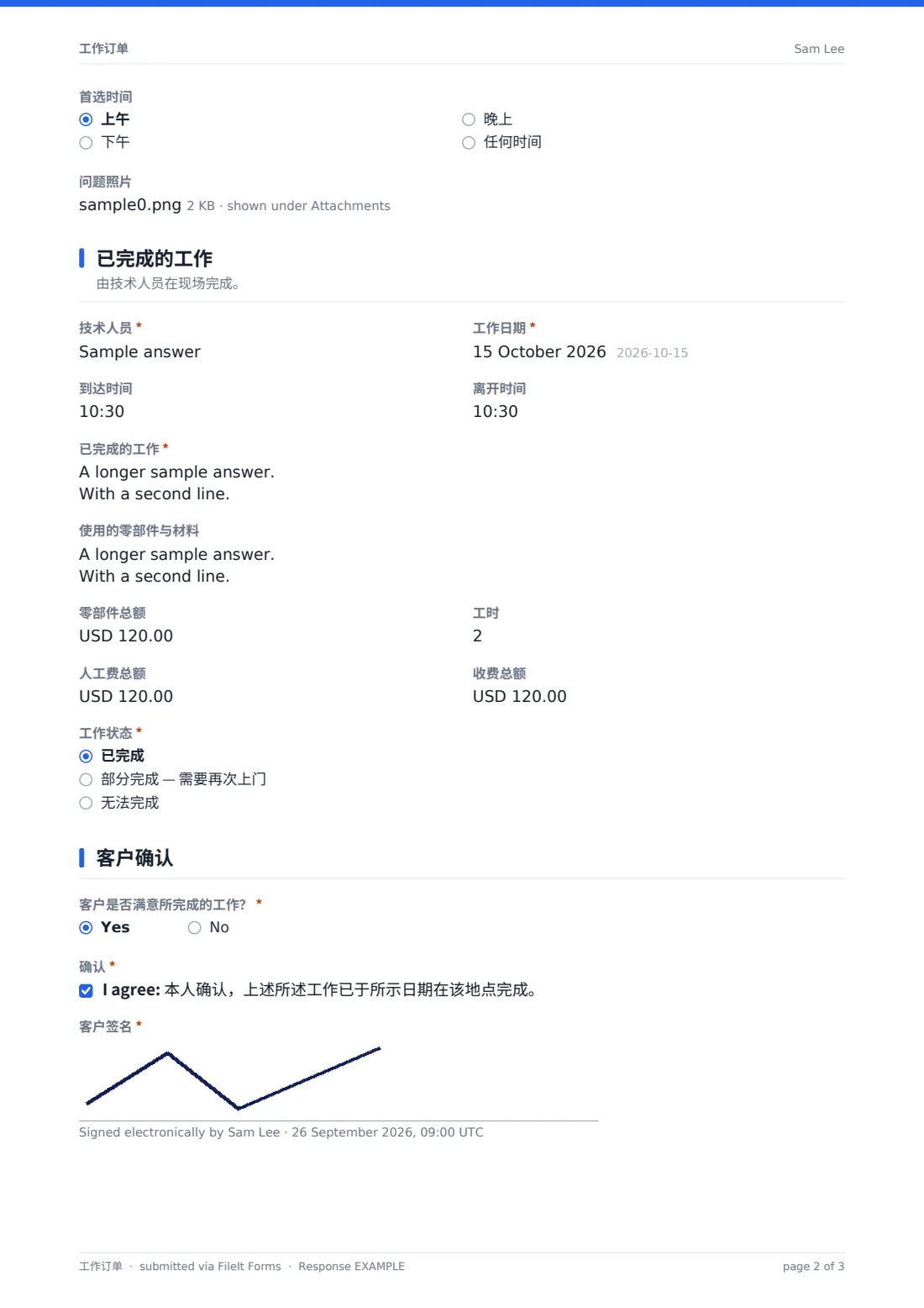 工作订单 — 示例回复 PDF，第 2 页，共 3 页