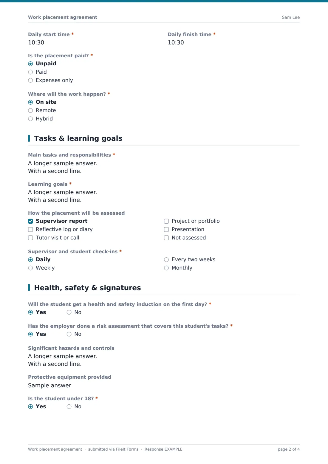 Work placement agreement — example response PDF, page 2 of 4