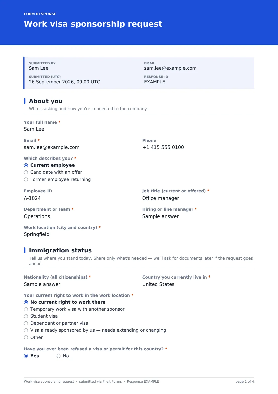 Work visa sponsorship request — example response PDF, page 1 of 4