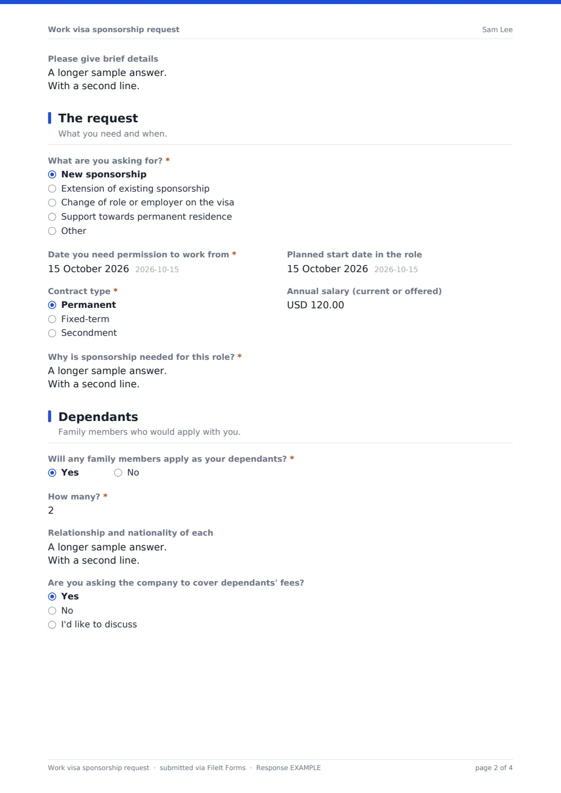 Work visa sponsorship request — example response PDF, page 2 of 4