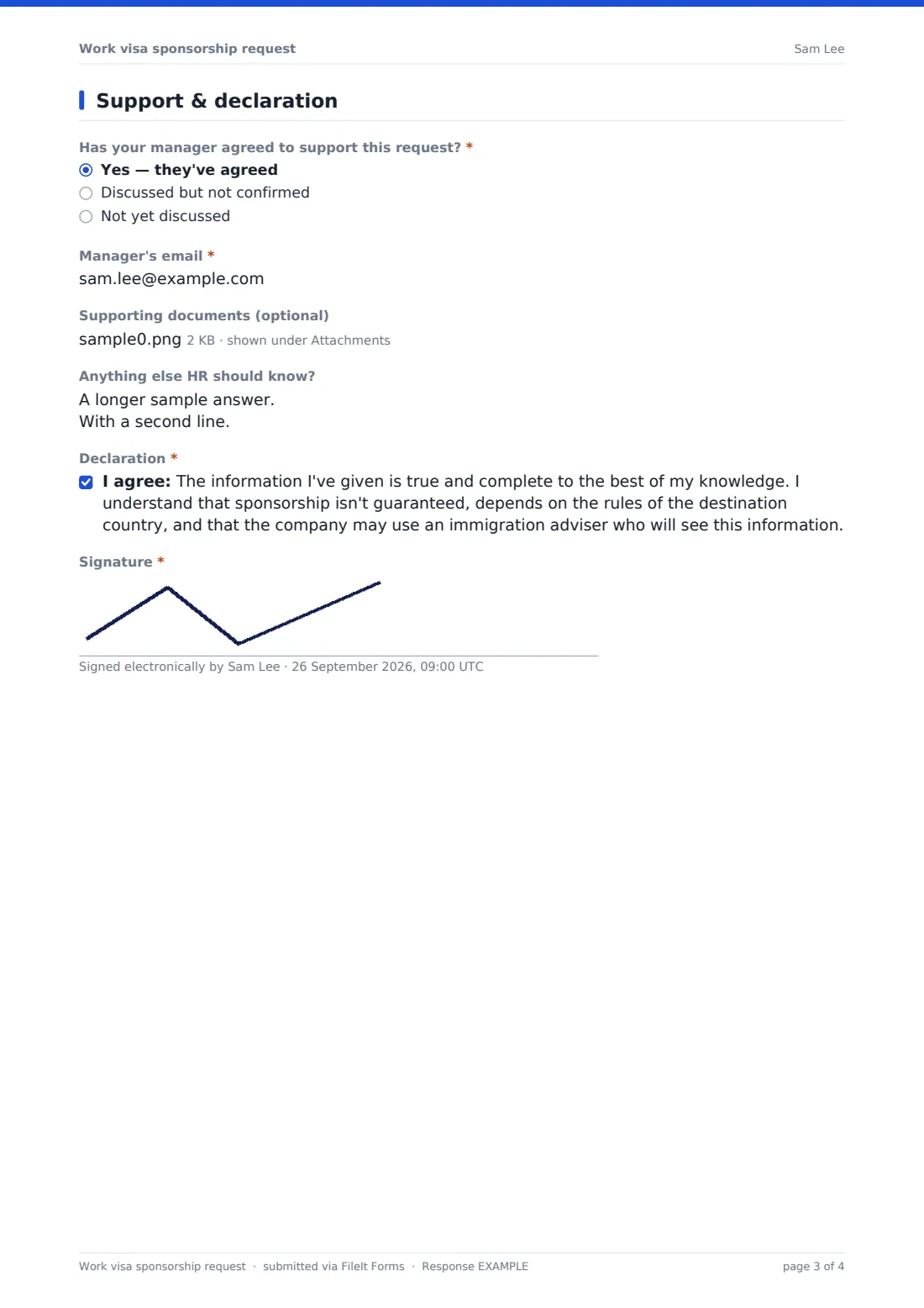Work visa sponsorship request — example response PDF, page 3 of 4