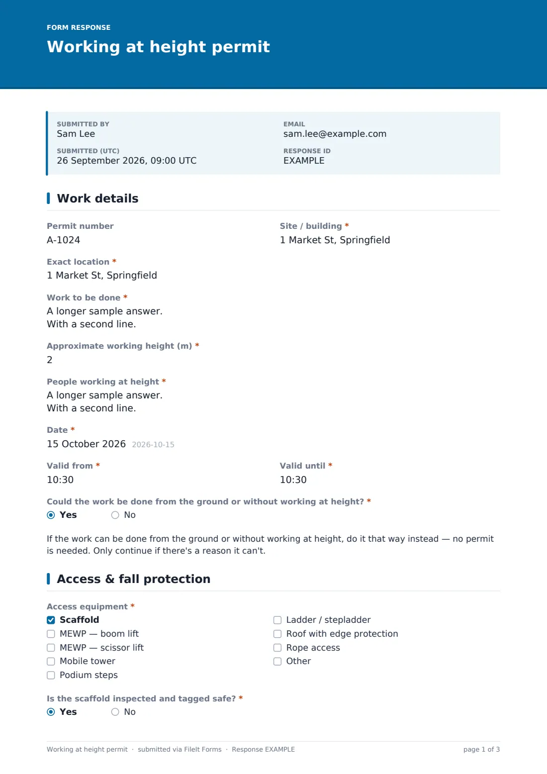 Working at height permit — example response PDF, page 1 of 3