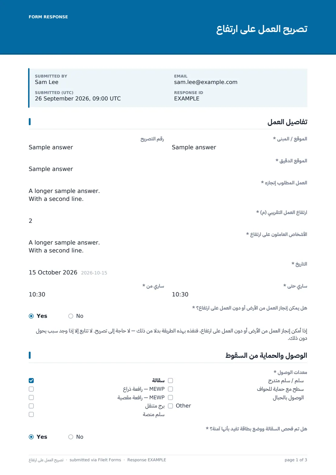 تصريح العمل على ارتفاع — ملف PDF لرد نموذجي، الصفحة 1 من 3