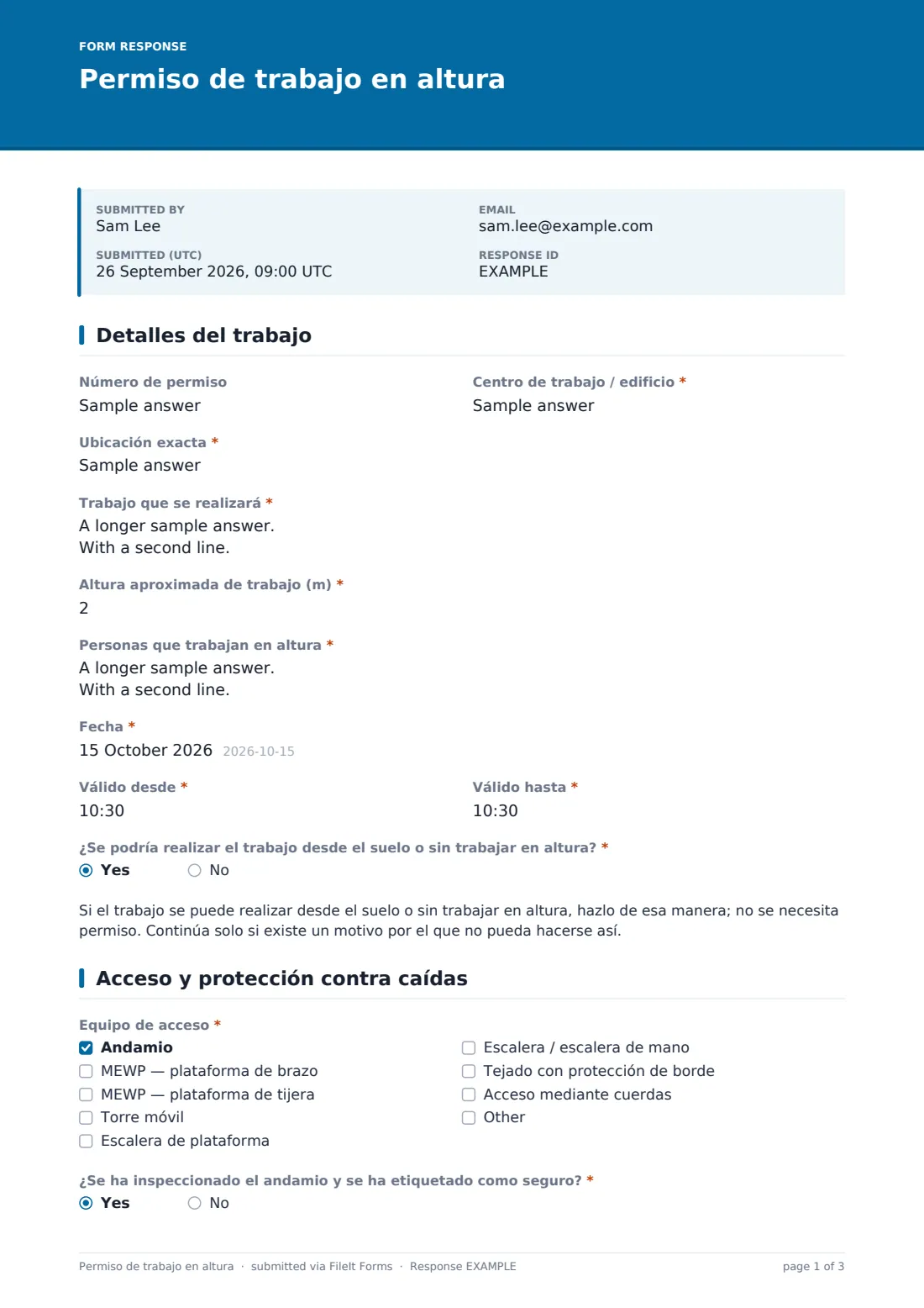 Permiso de trabajo en altura — PDF de respuesta de ejemplo, página 1 de 3