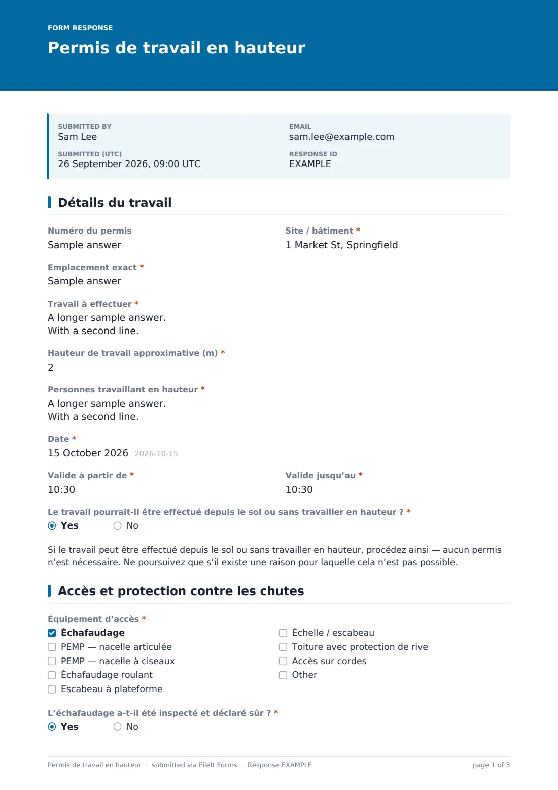 Permis de travail en hauteur — exemple de réponse au format PDF, page 1 sur 3
