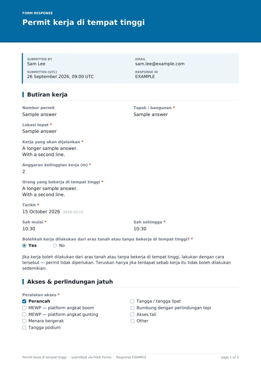 Permit kerja di tempat tinggi — PDF respons contoh, halaman 1 daripada 3