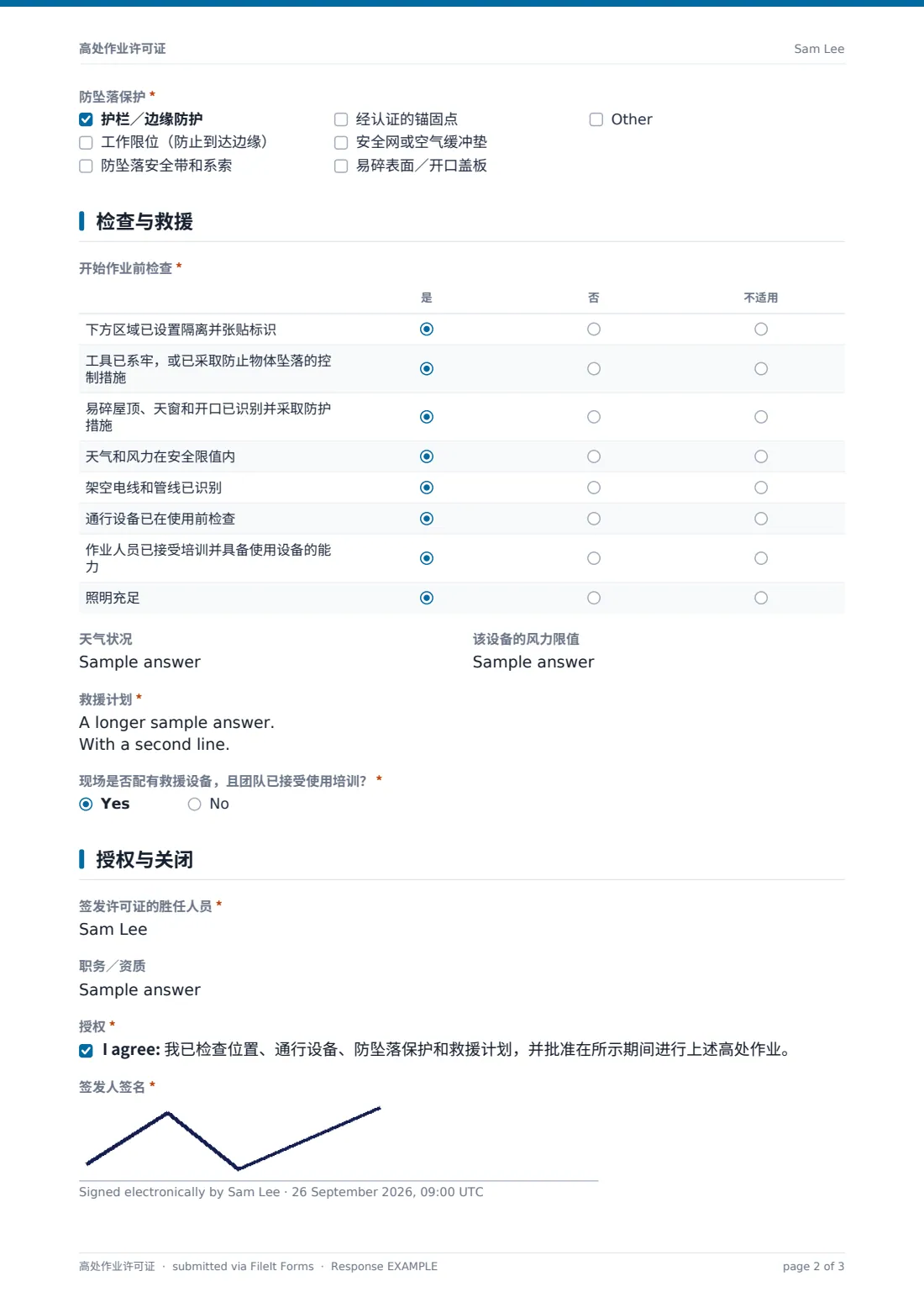 高处作业许可证 — 示例回复 PDF，第 2 页，共 3 页