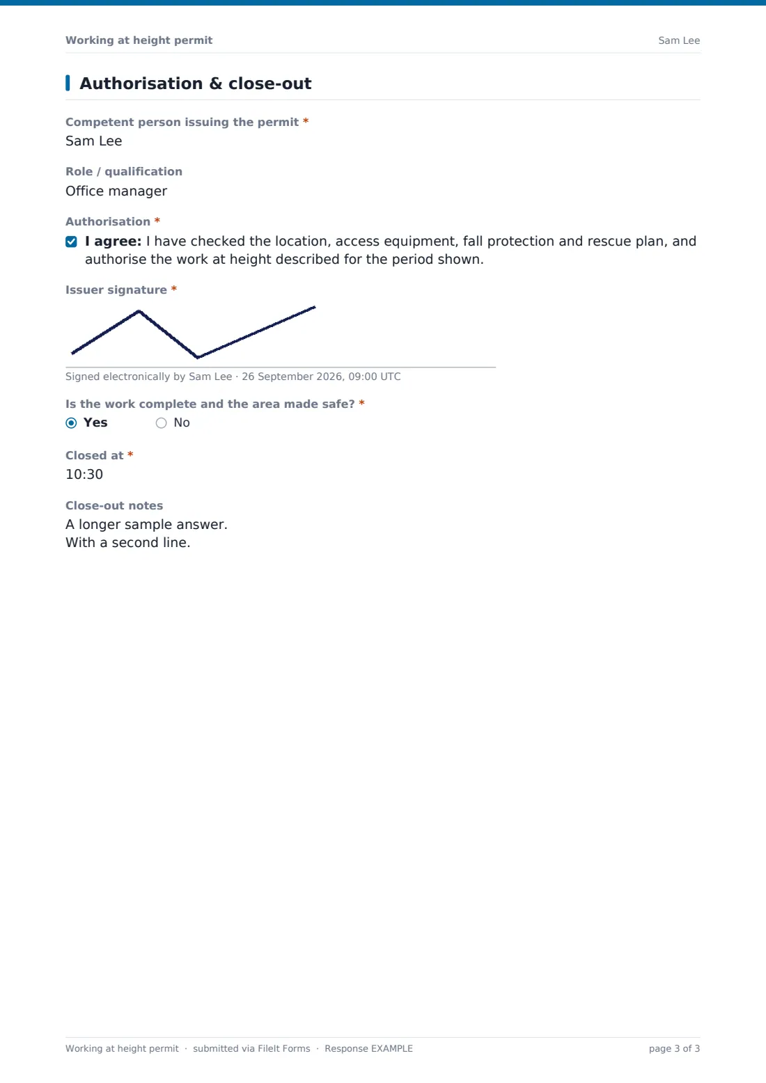 Working at height permit — example response PDF, page 3 of 3