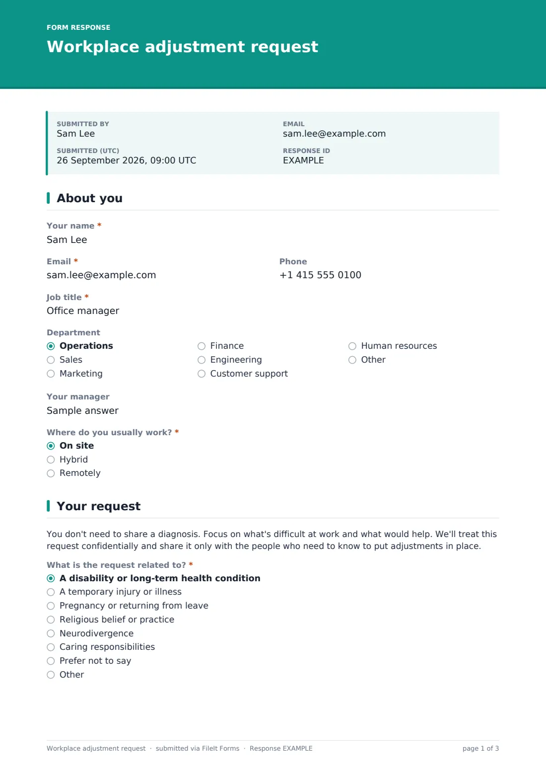 Workplace adjustment request — example response PDF, page 1 of 3