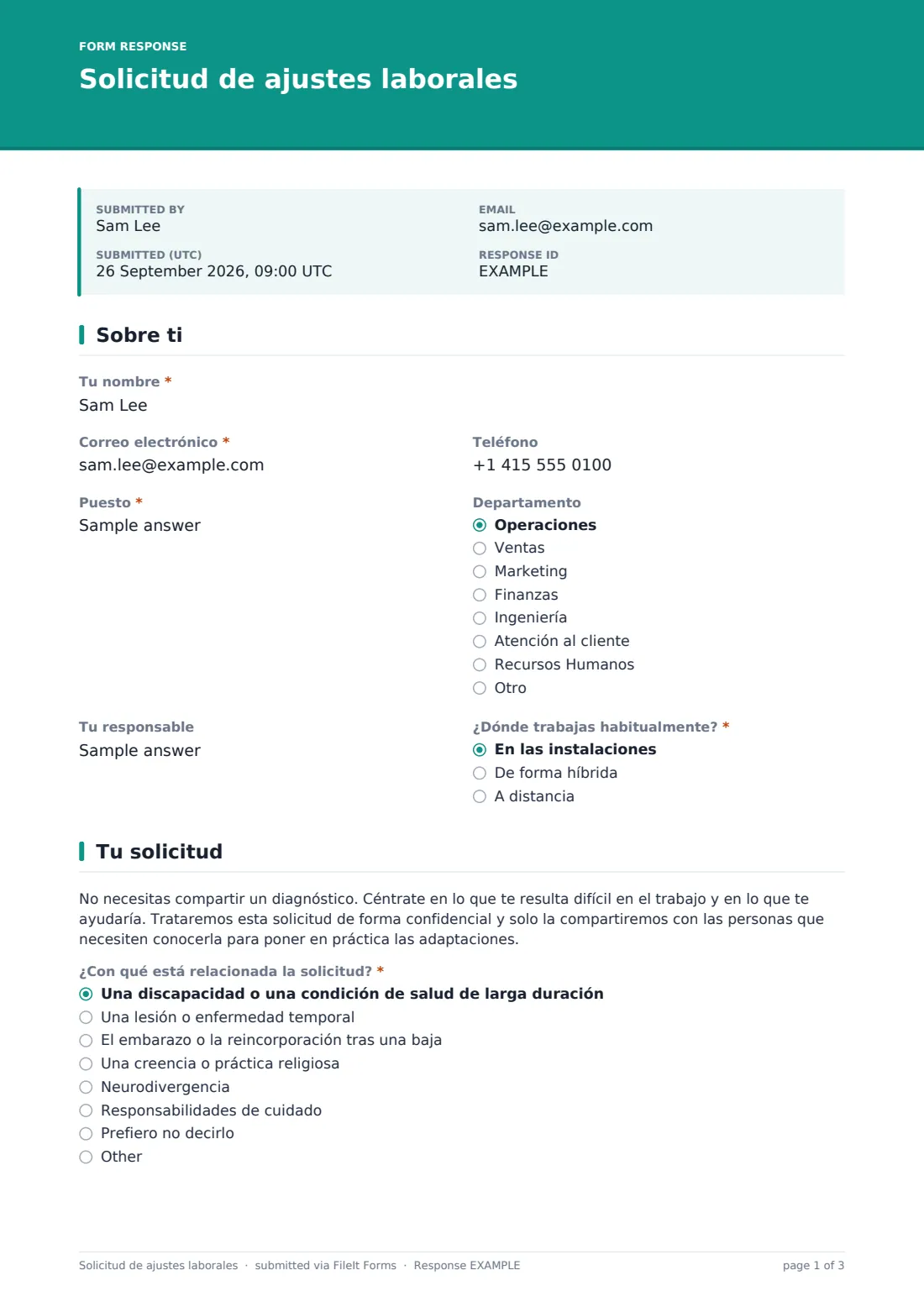 Solicitud de ajustes laborales — PDF de respuesta de ejemplo, página 1 de 3