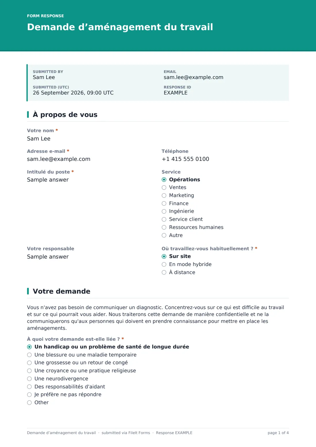Demande d’aménagement du travail — exemple de réponse au format PDF, page 1 sur 4